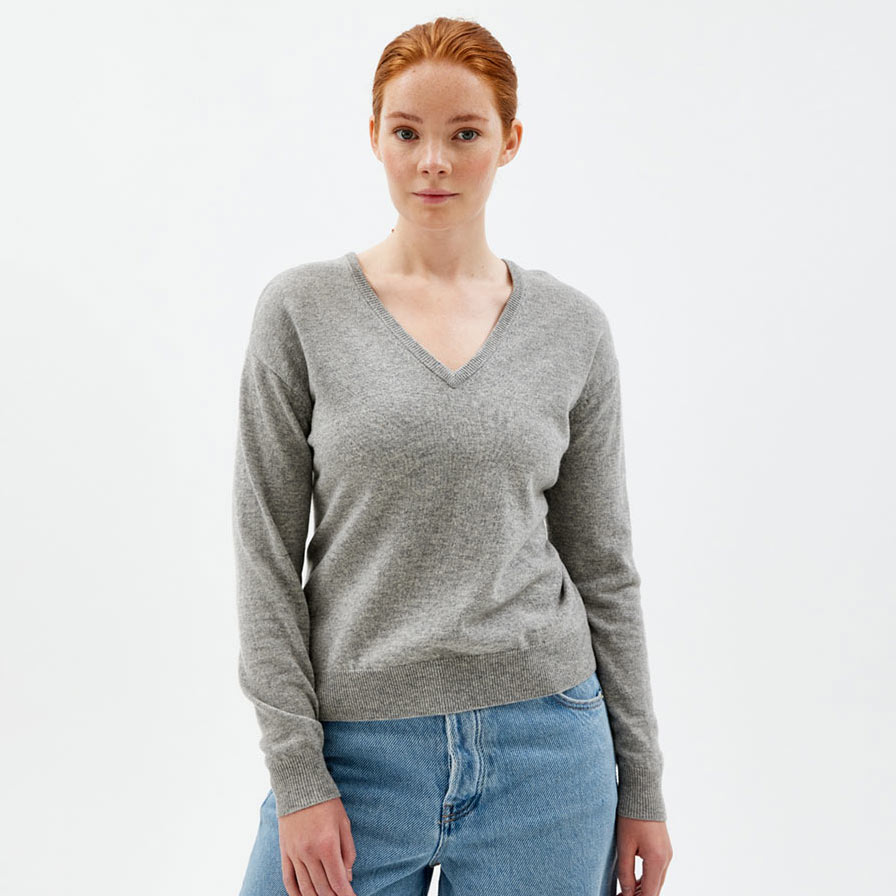 Winter V-neck Sweater, Grey Melange, hi-res